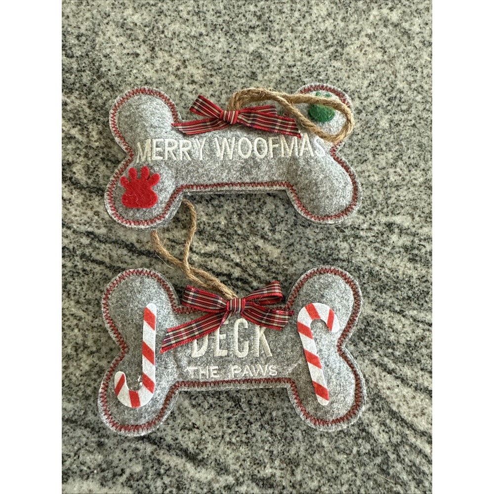 2 Christmas Tree Decoration Dog Bone Shaped Ornaments Felt Pet
